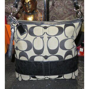 Coach 2008 Cursive Creed Limited Edition Signature Stripe Canvas & Leather Tote